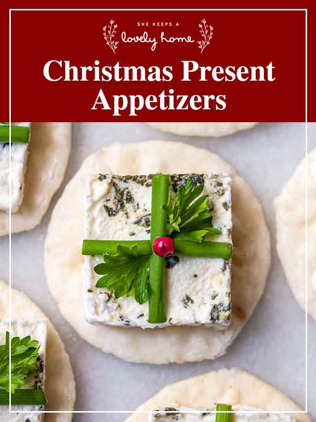 An appetizer that looks like a present with a title that says "Christmas Present Appetizers."