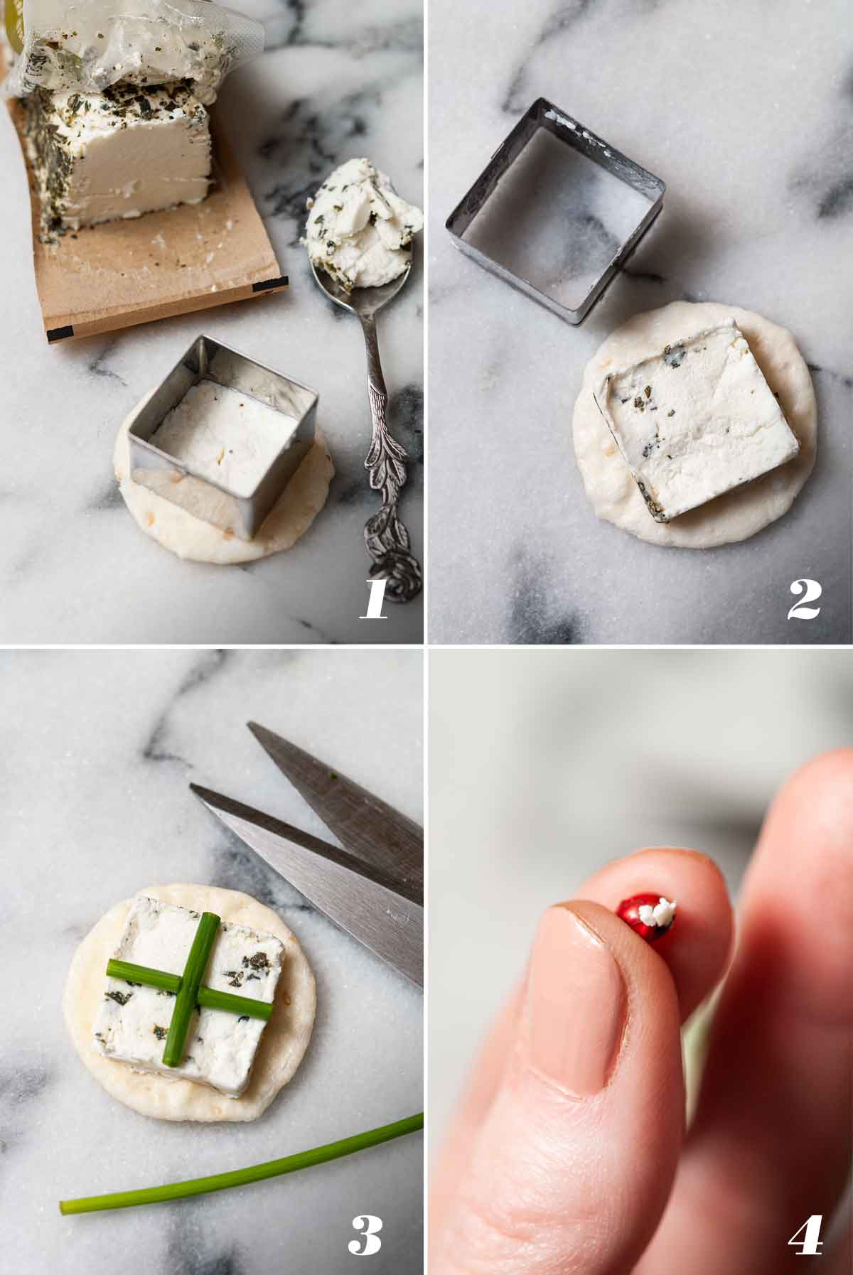 A collage of 4 numbered images showing how to make goat cheese present appetizers.