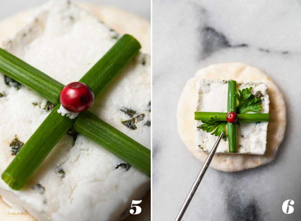 2 numbered images showing how to place peppercorns and leaves on an appetizer.