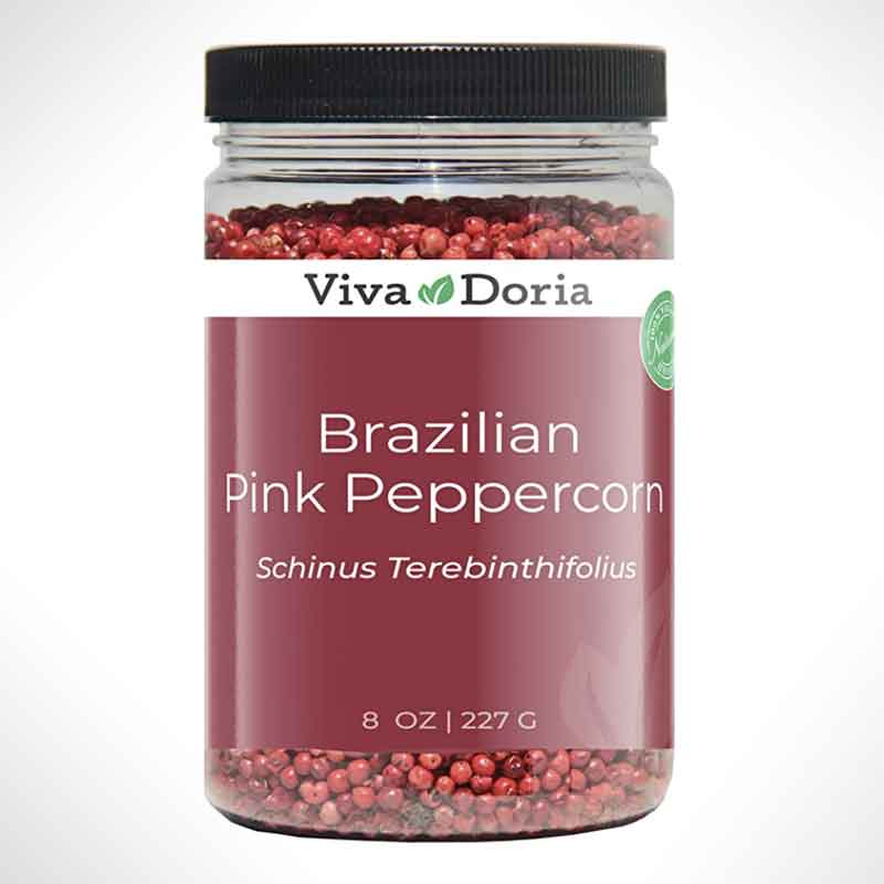 A jar of pink peppercorns.