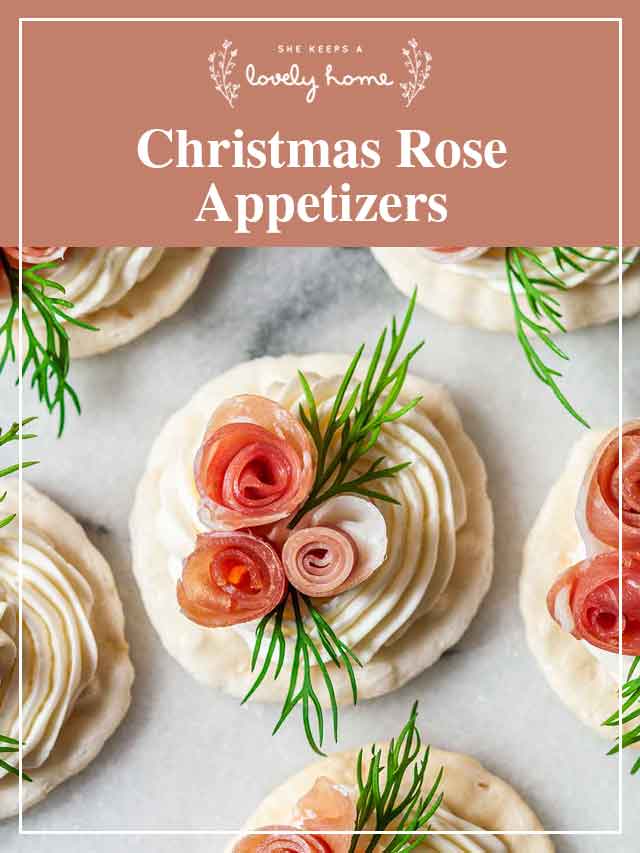 Prosciutto rose appetizers on marble with a title that says "Pretty Prosciutto Rose Appetizers."