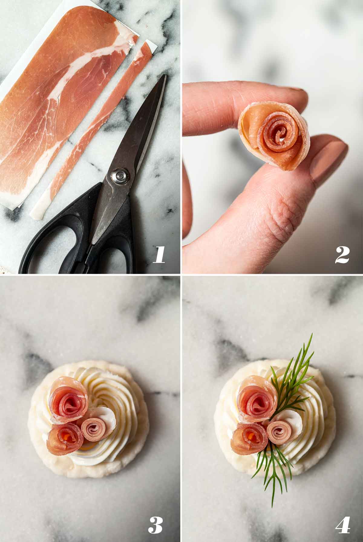A collage of 4 numbered images showing how to make prosciutto rose appetizers.