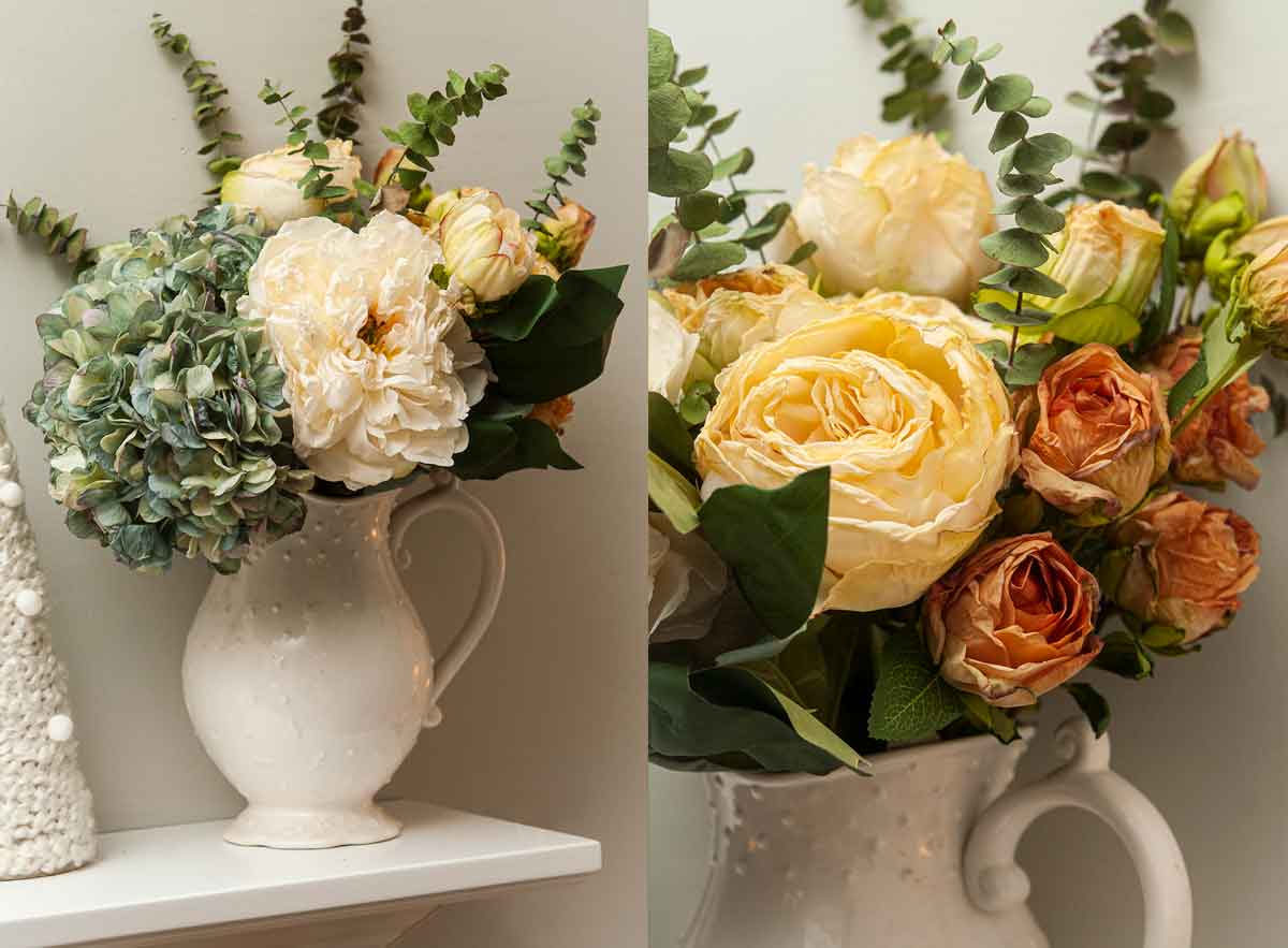 2 images. A vase of artificial flowers on a mantle and a closeup of the flowers.