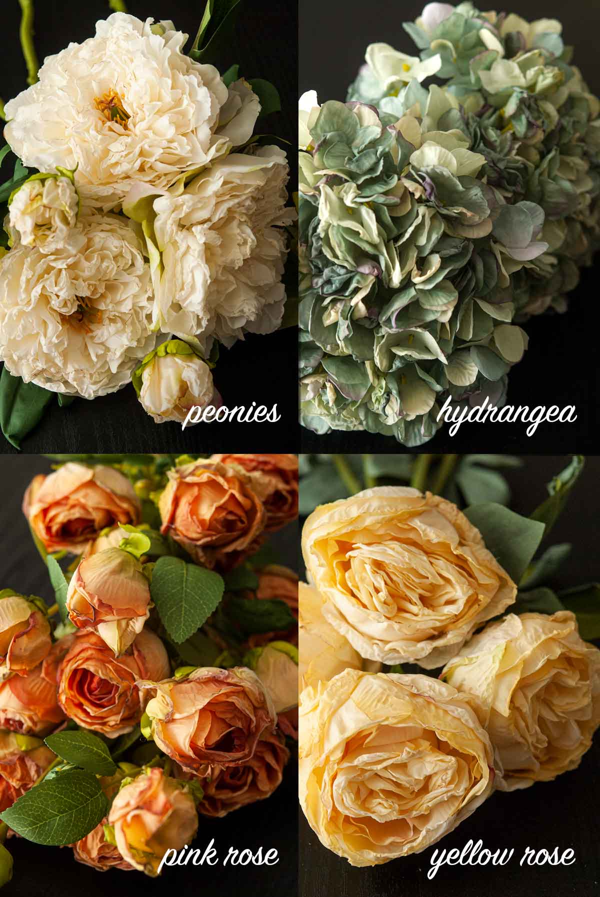 a collage of 4 images showing peonies, hydrangeas, pink roses and yellow roses.