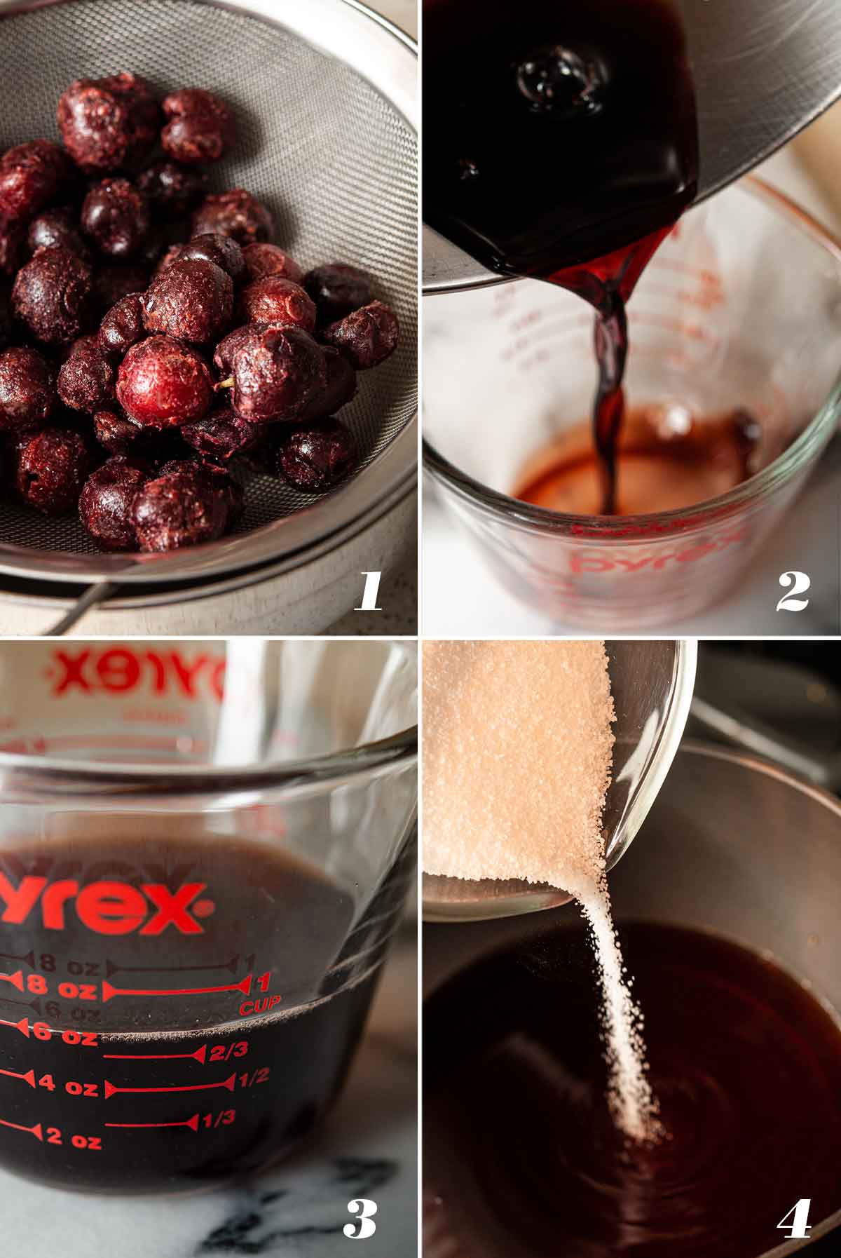 A collage of 4 numbered images showing how to thaw cherries and make spiced syrup.
