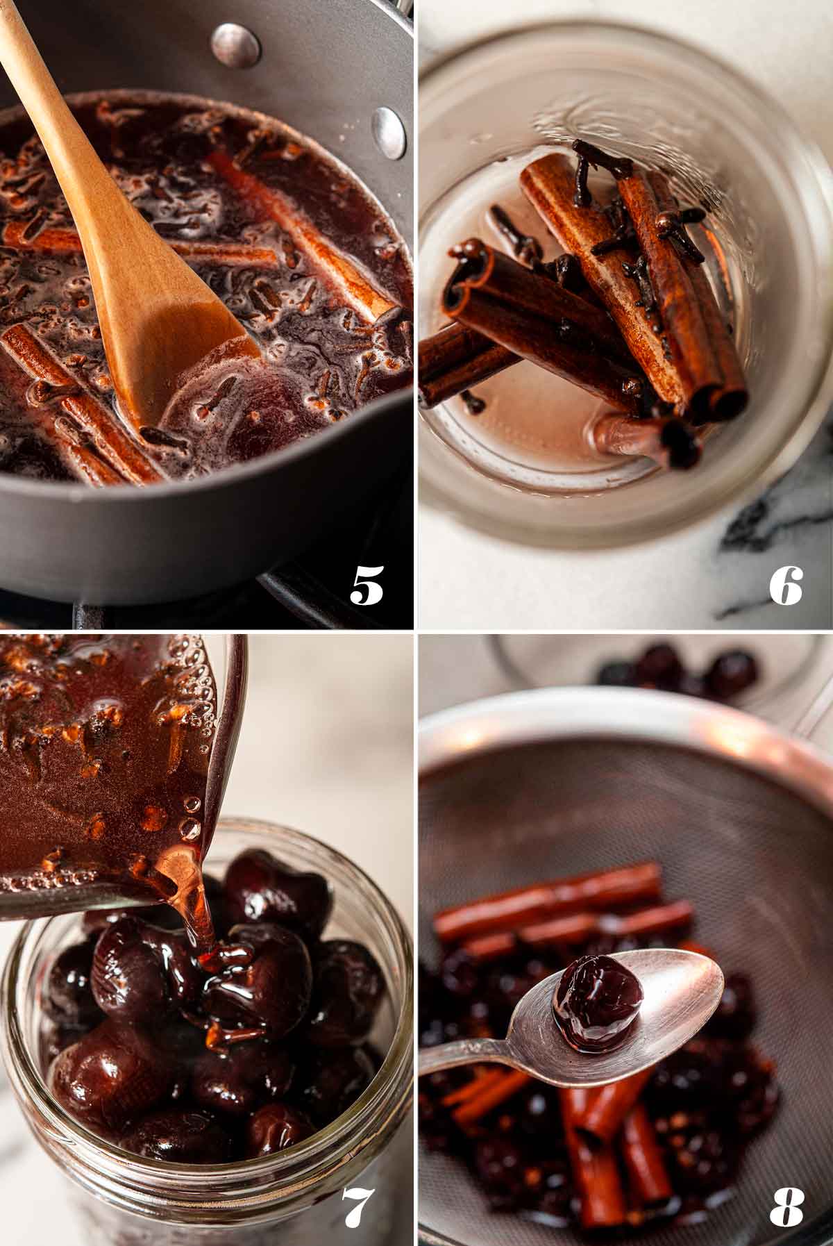 A collage of 4 numbered images showing how to make maraschino cherries.
