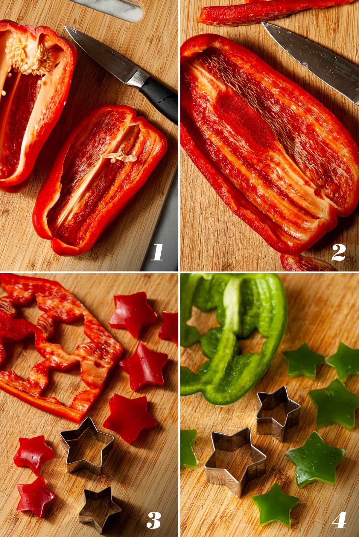 A collage of 4 numbered images showing how to prep ingredients for pepper appetizers.