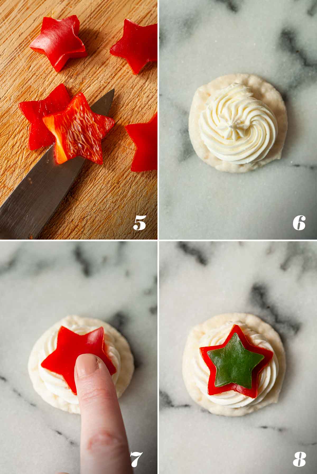 A collage of 4 numbered images showing how to make pepper star appetizers.