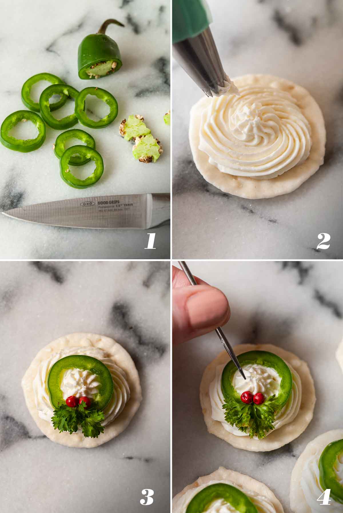 A collage of 4 numbered images showing how to make wreath appetizers.