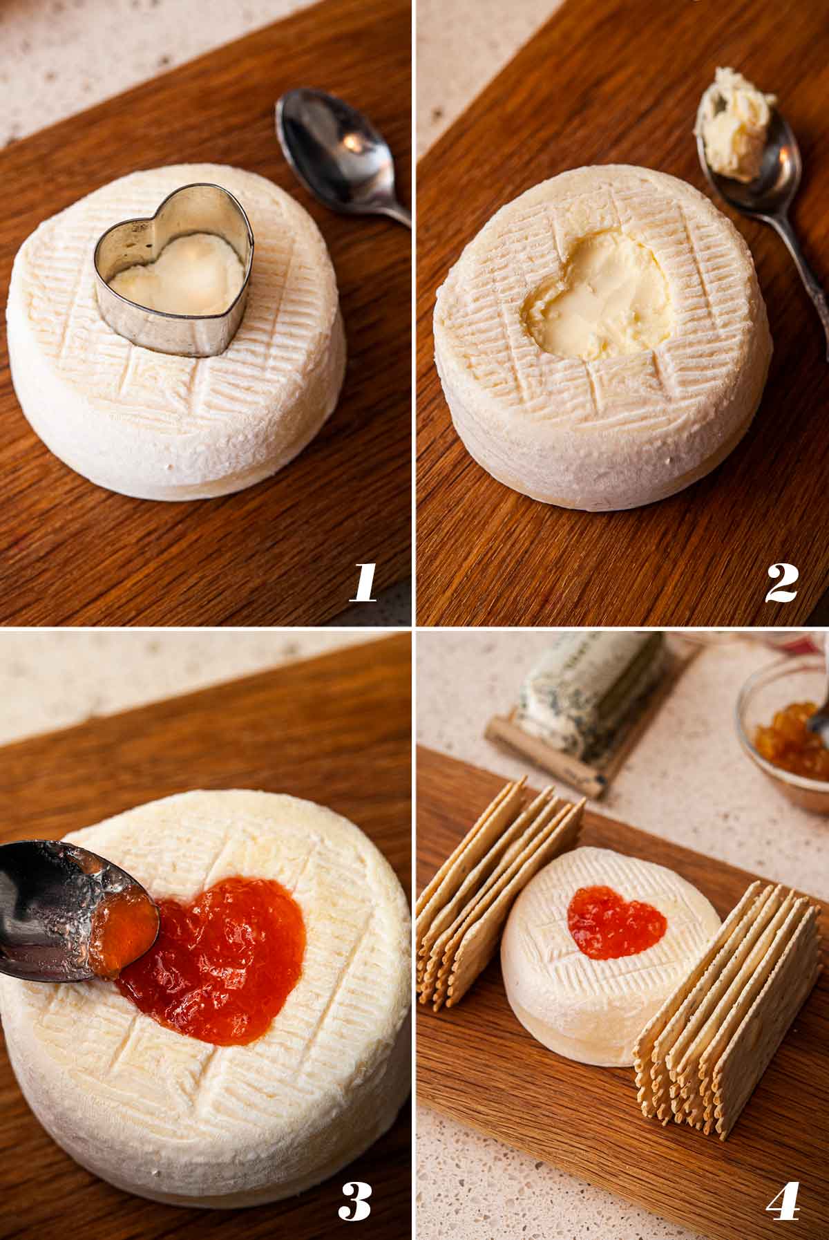 A collage of 4 numbered images showing how to make a preserve heart in cheese.