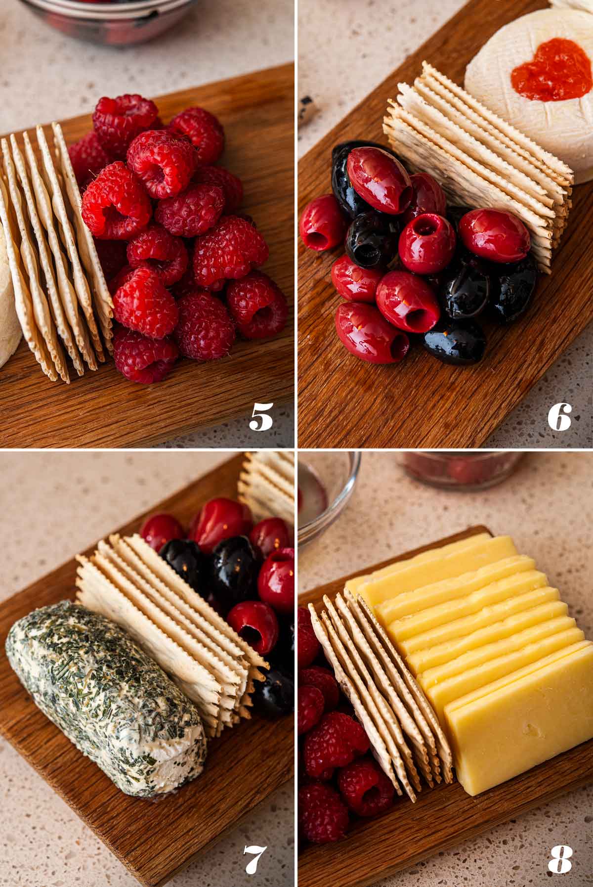 A collage of 4 numbered images showing how to assemble a cheese board.