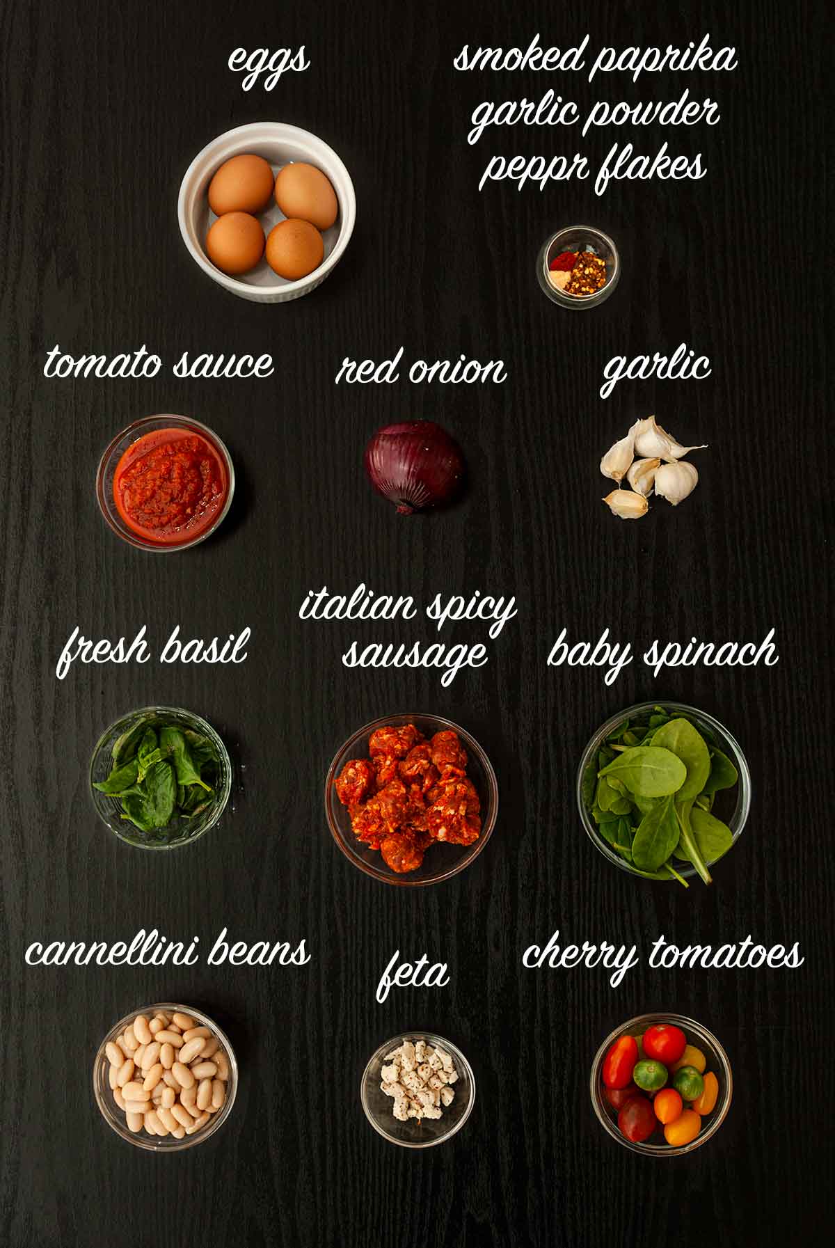 11 ingredients that make Italian Eggs in Purgatory with titles describing what they are.
