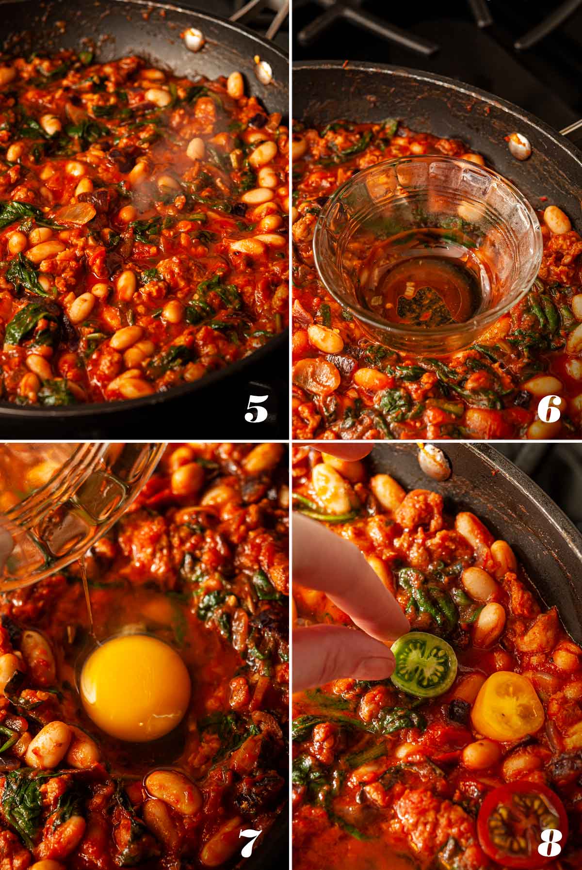 A collage of 4 numbered images showing how to mix ingredients of Italian Eggs in Purgatory.