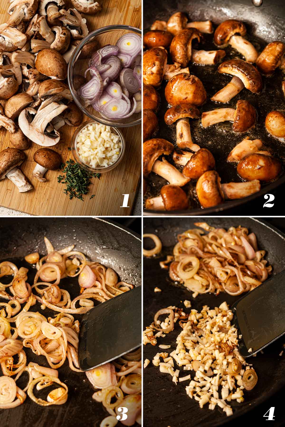 A collage of 4 numbered images showing how to prepare ingredients for white wine mushroom sauce.