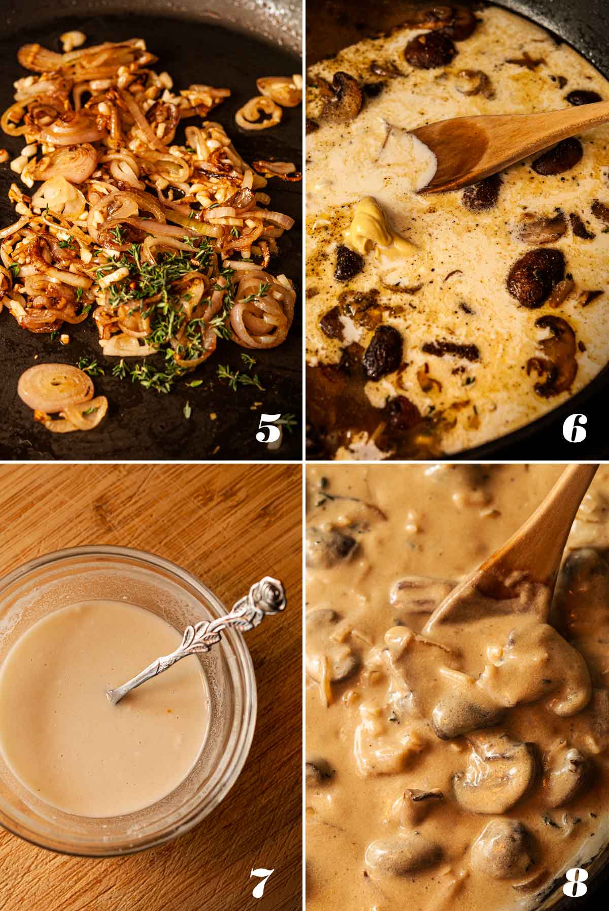 A collage of 4 numbered images showing how to add ingredients to white wine mushroom sauce.