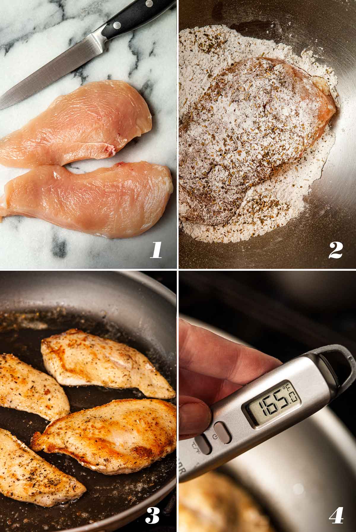 A collage of 4 numbered images showing how to make chicken with Herbs de Provence