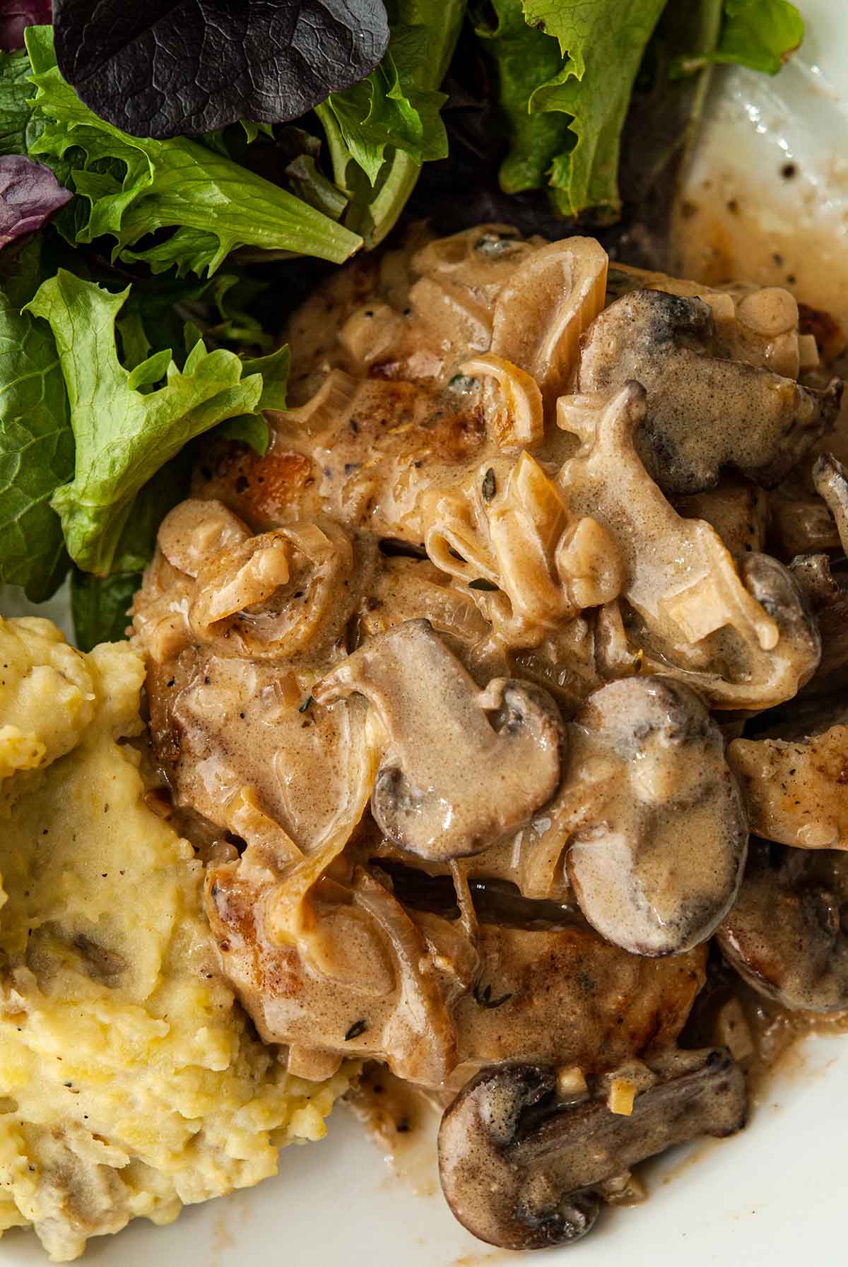 A chicken breast smothered in white wine mushroom sauce.