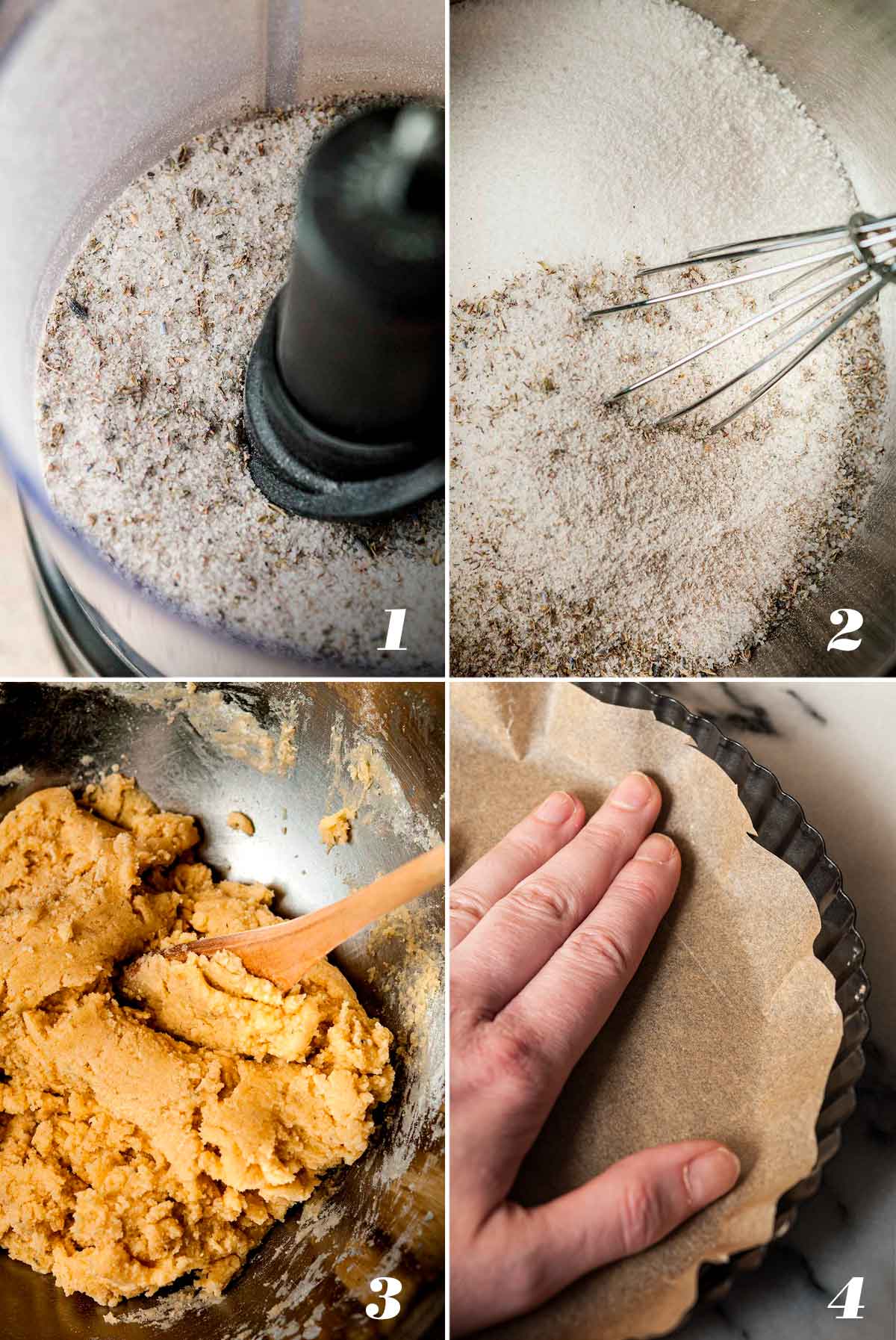 A collage of 4 numbered images showing how to make lavender sugar and dough.