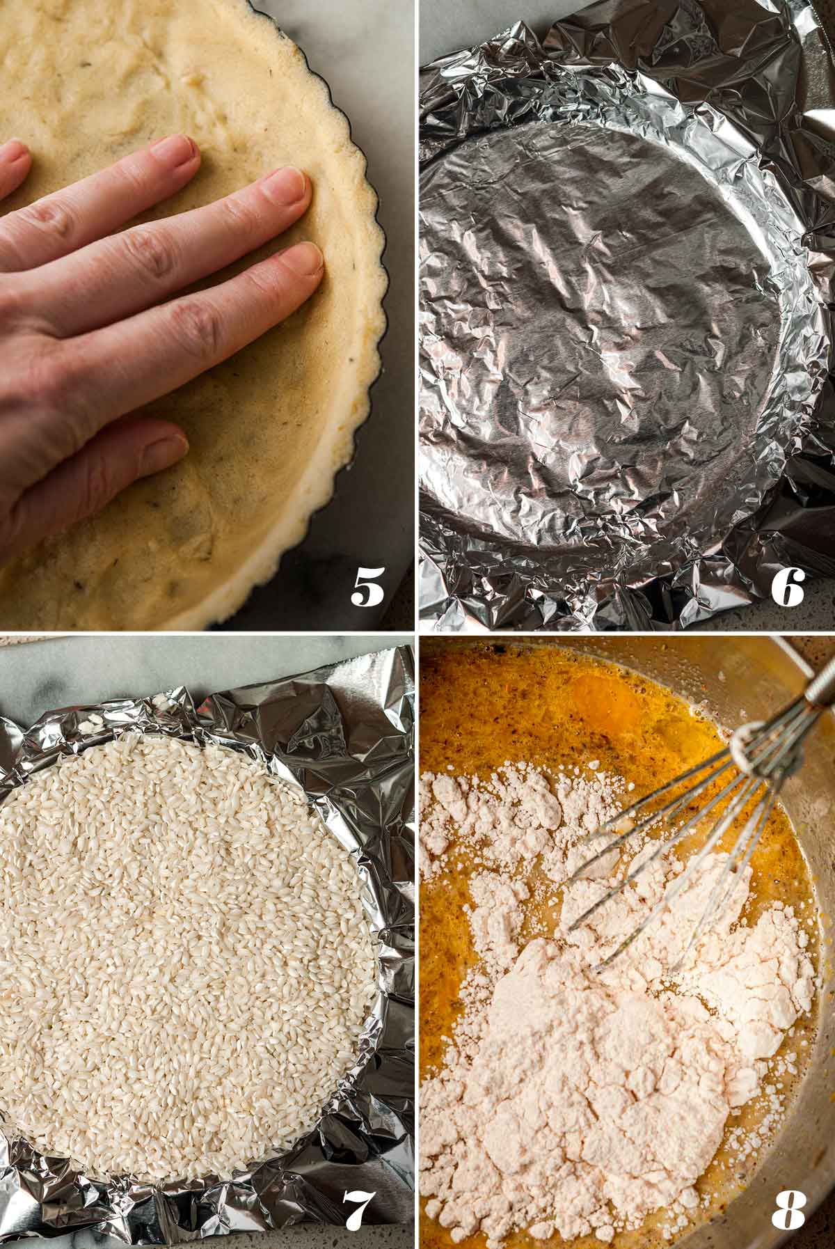 A collage of 4 numbered images showing how to prepare dough and custard.
