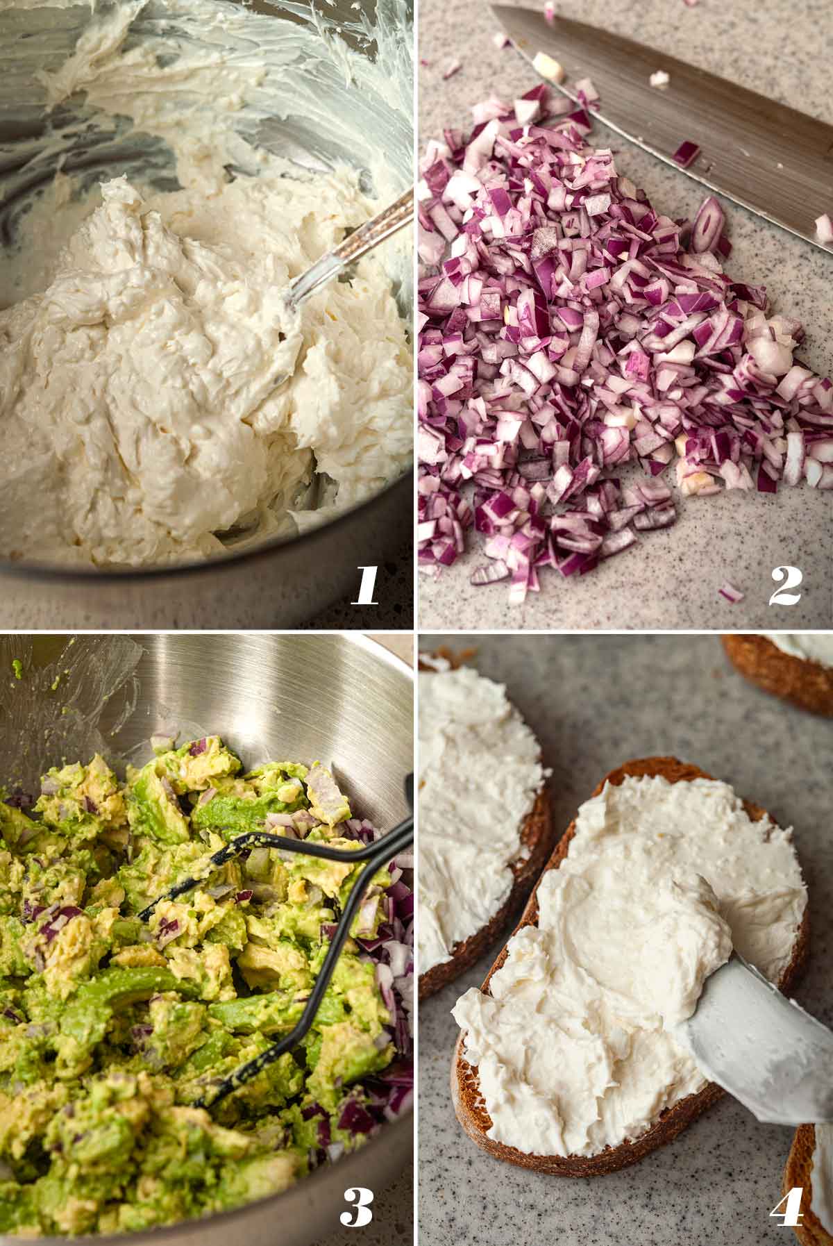 A collage of 4 numbered images showing how to prep ingredients for avocado toast.