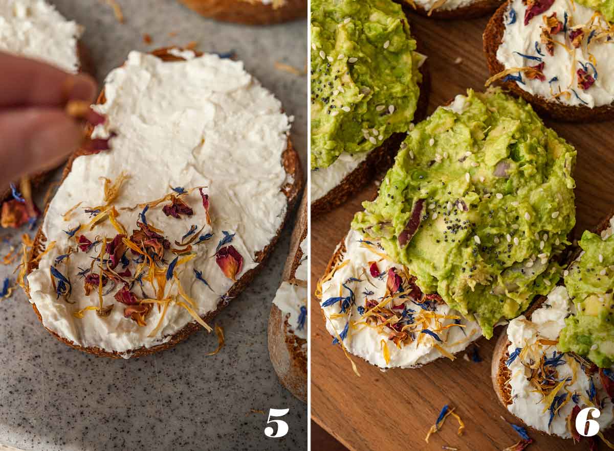 2 numbered images showing how to add flowers and avocado to avocado toast.