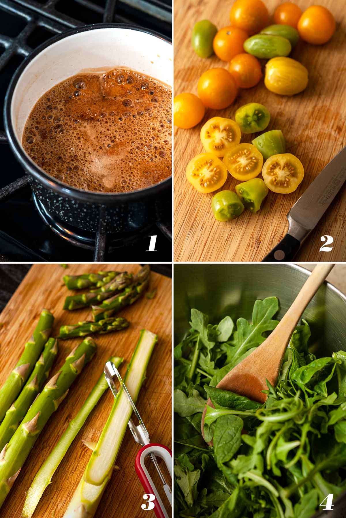 A collage of 4 numbered images showing how to make glaze and prep salad ingredients.