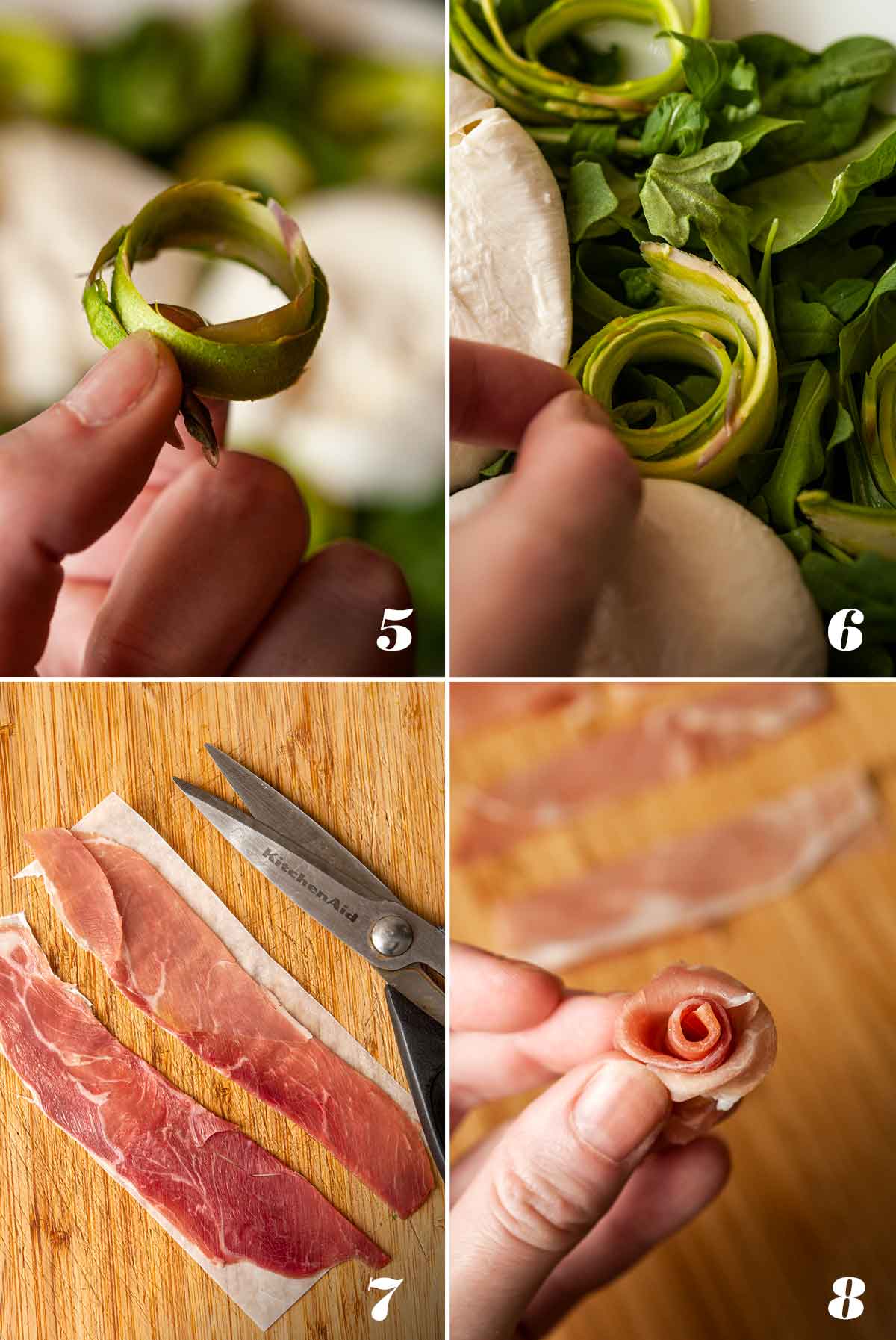 A collage of 4 numbered images showing how to prep ingredients for a salad.