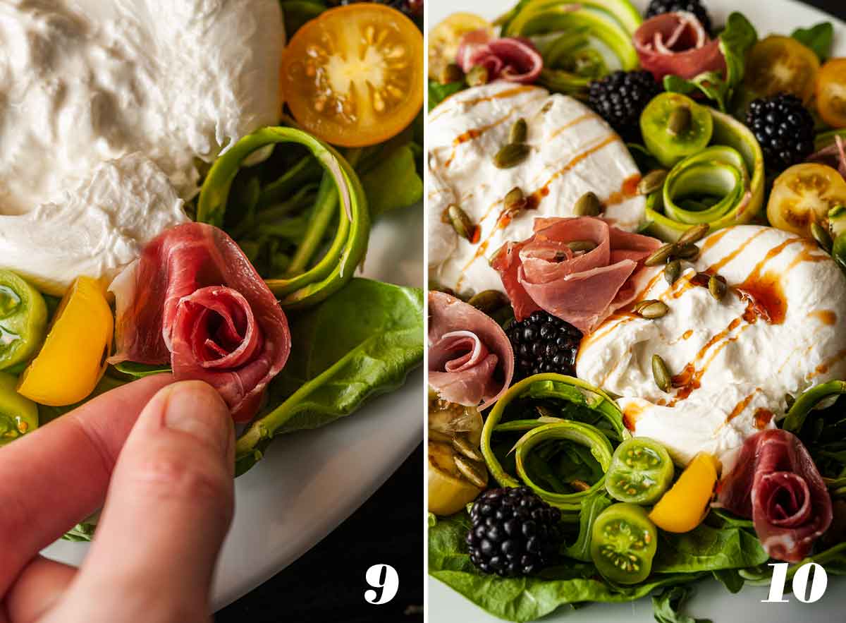 2 numbered images showing how to assemble a salad.