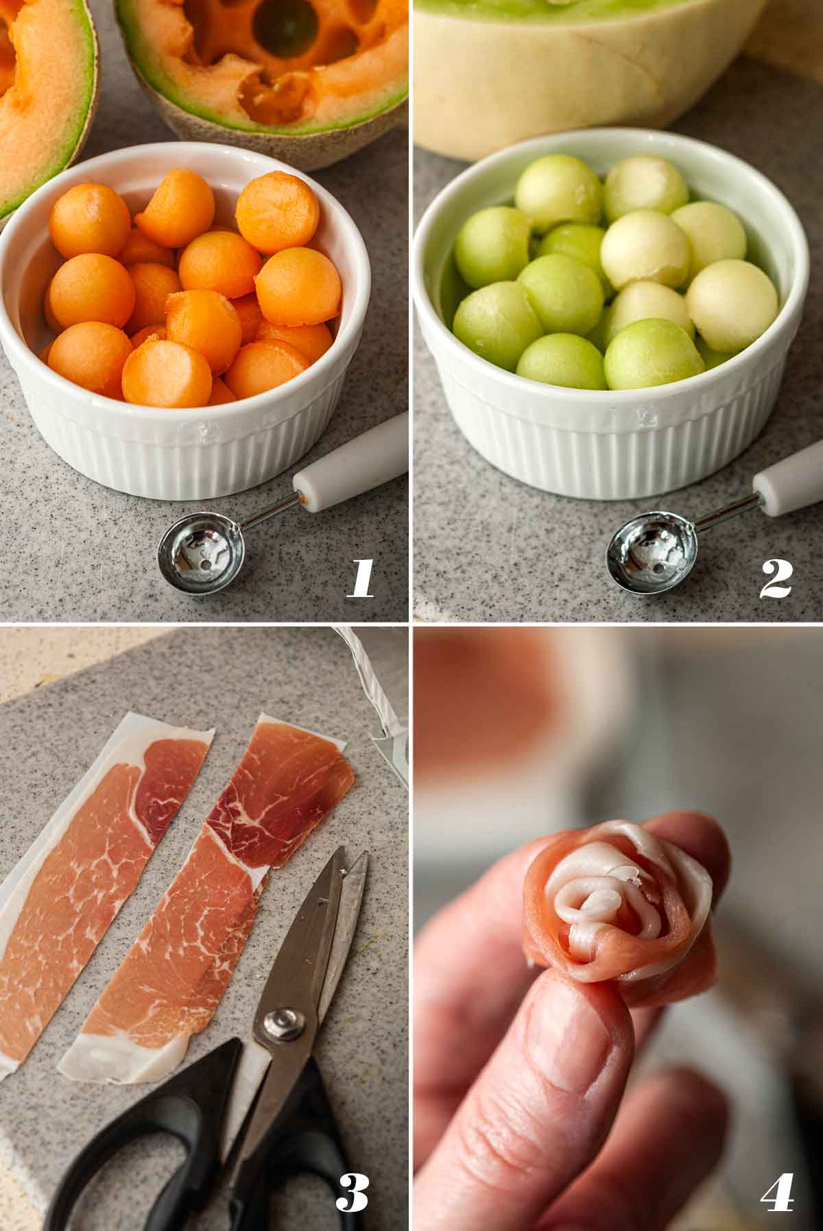 A collage of 4 numbered images showing how to prep ingredients for melon skewers.