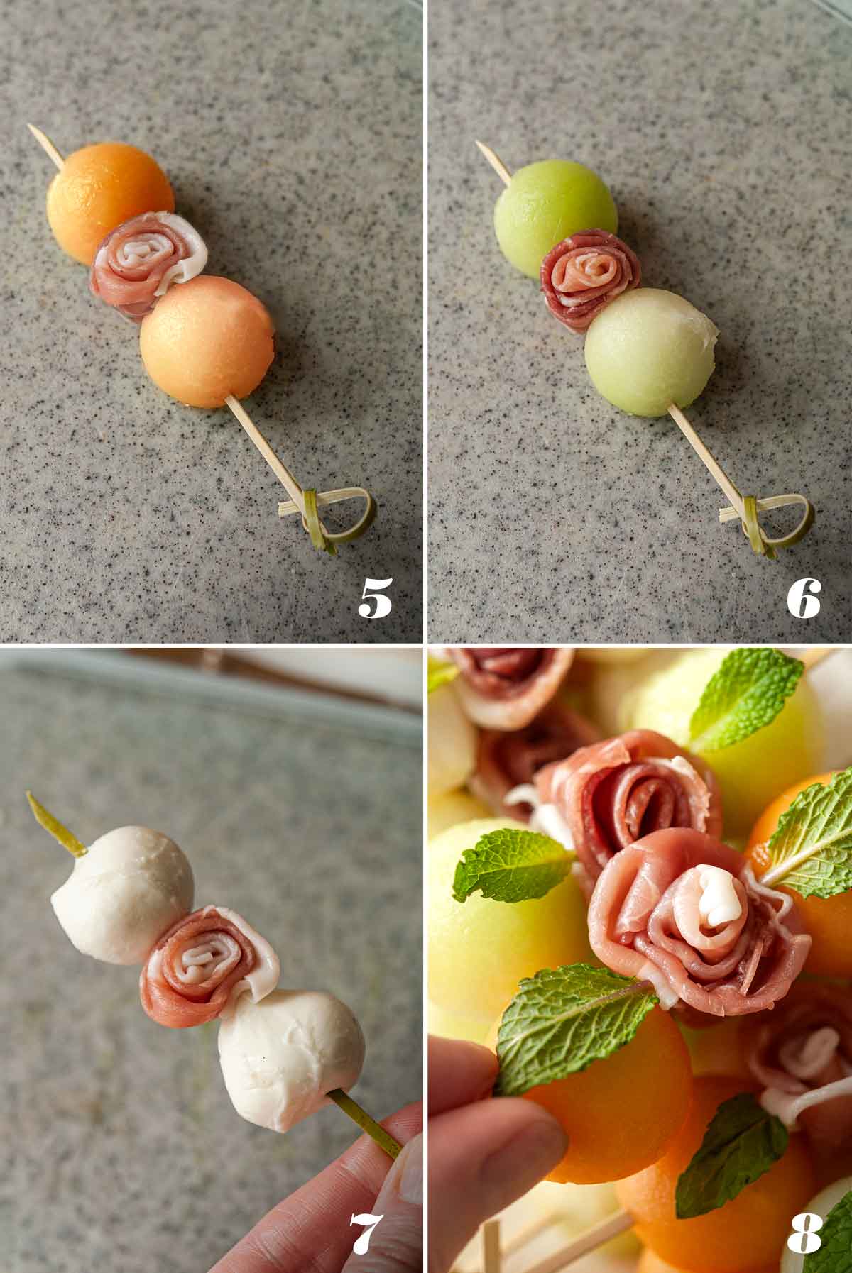 A collage of 4 numbered images showing how to make melon skewers.