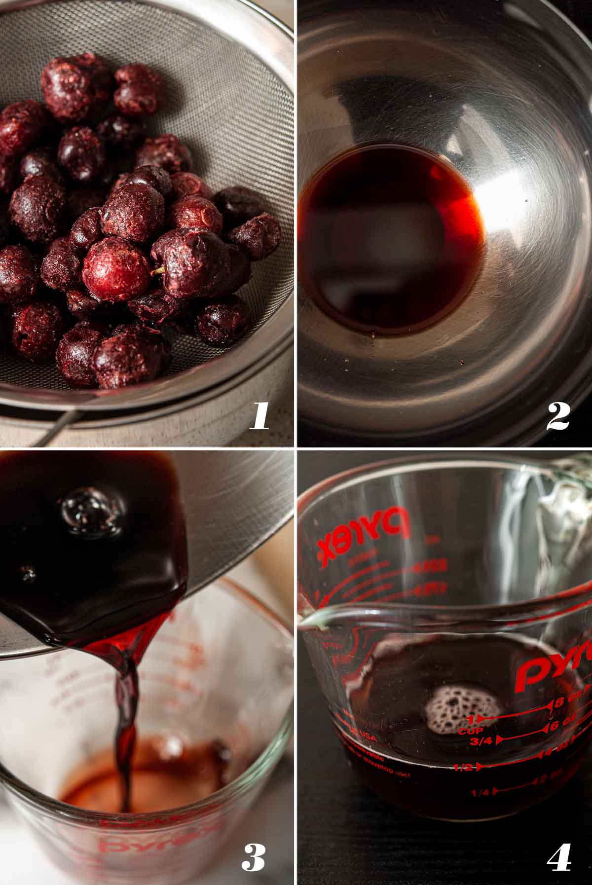 4 numbered images showing how to prepare cherry syrup.