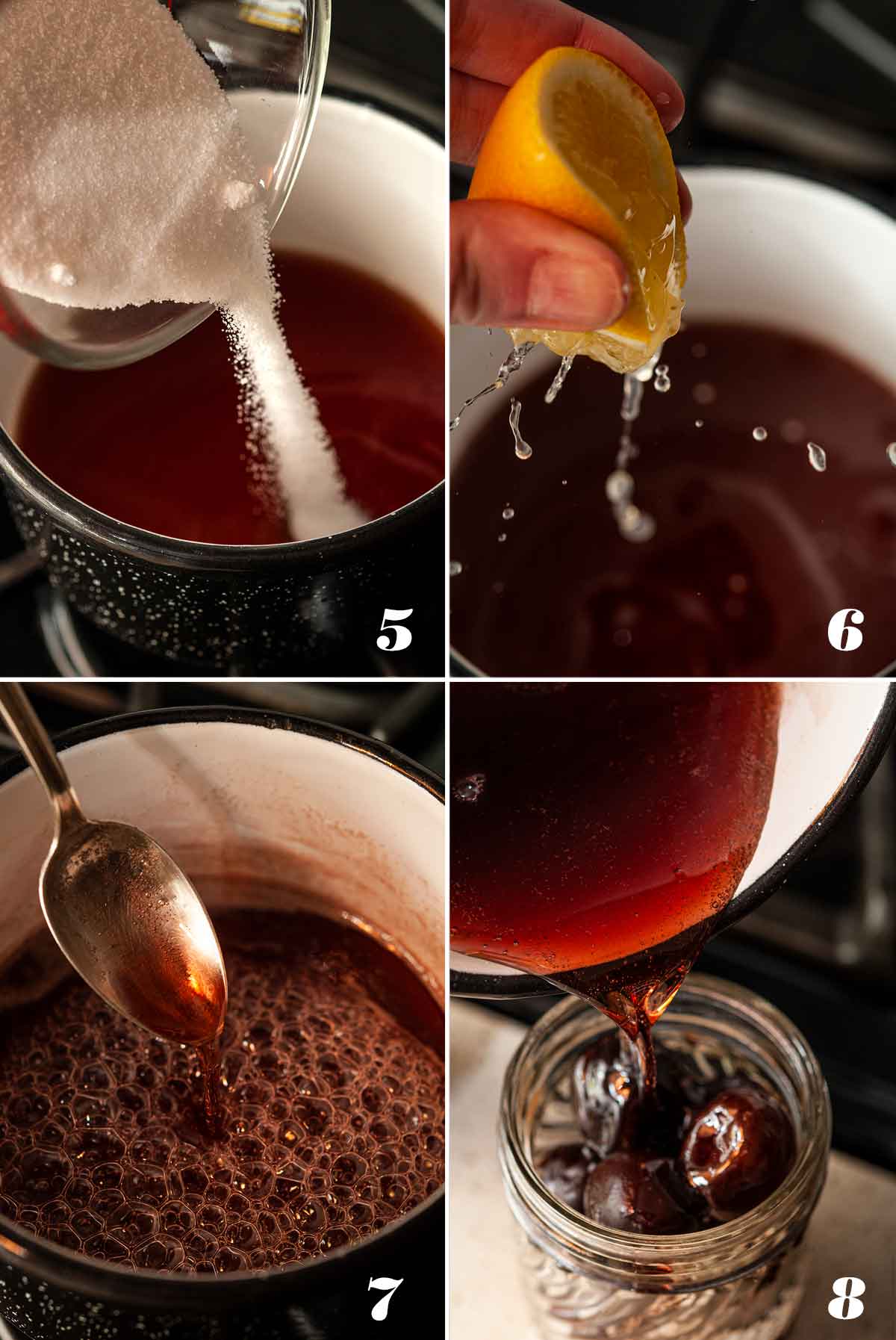 A collage of 4 numbered images showing how to make cherry syrup.