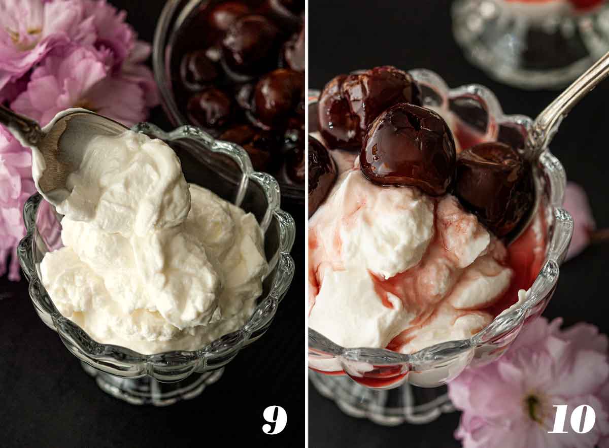 2 numbered images showing how to top yogurt with cherries.