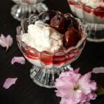A bowl of yogurt and cherries on a table beside a cherry blossom.