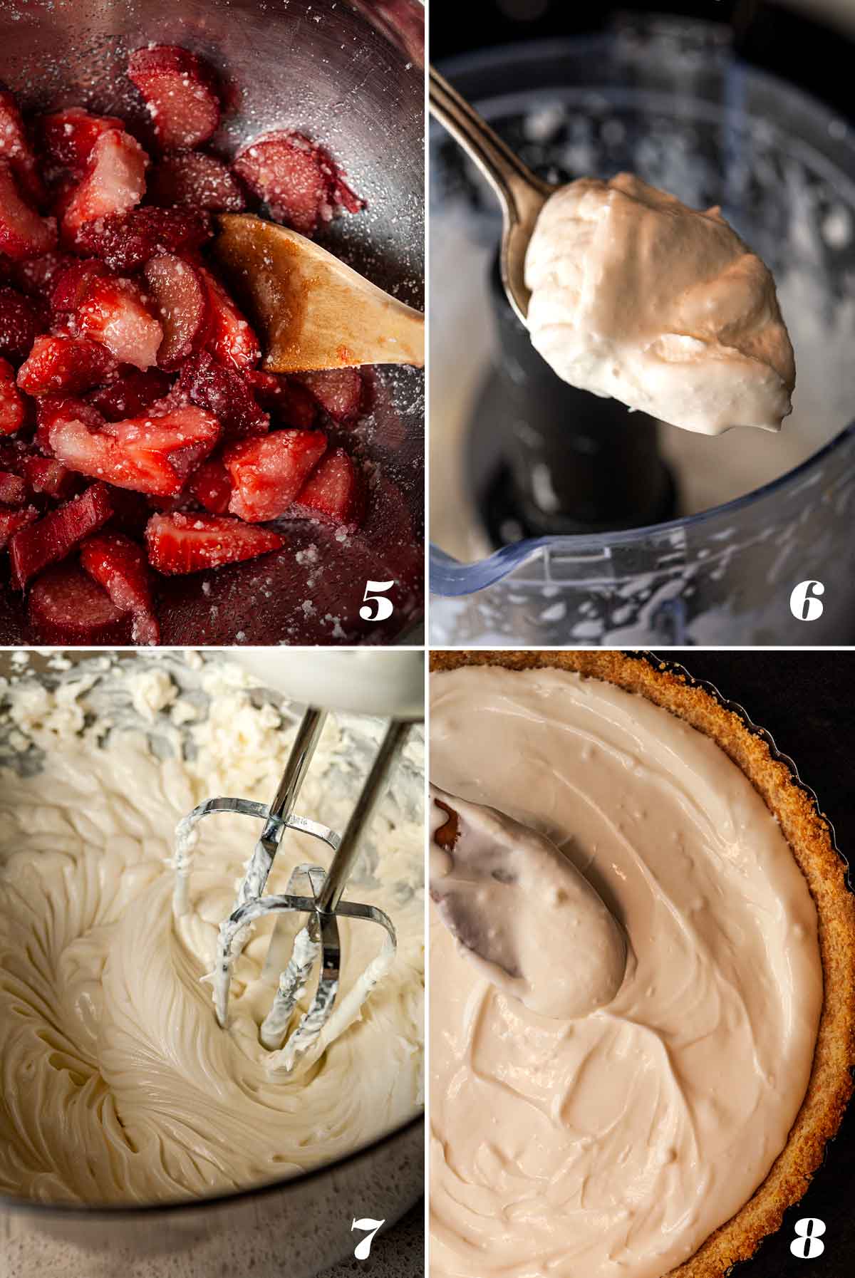 A collage of 4 numbered images showing how to make cheesecake and mix strawberries.