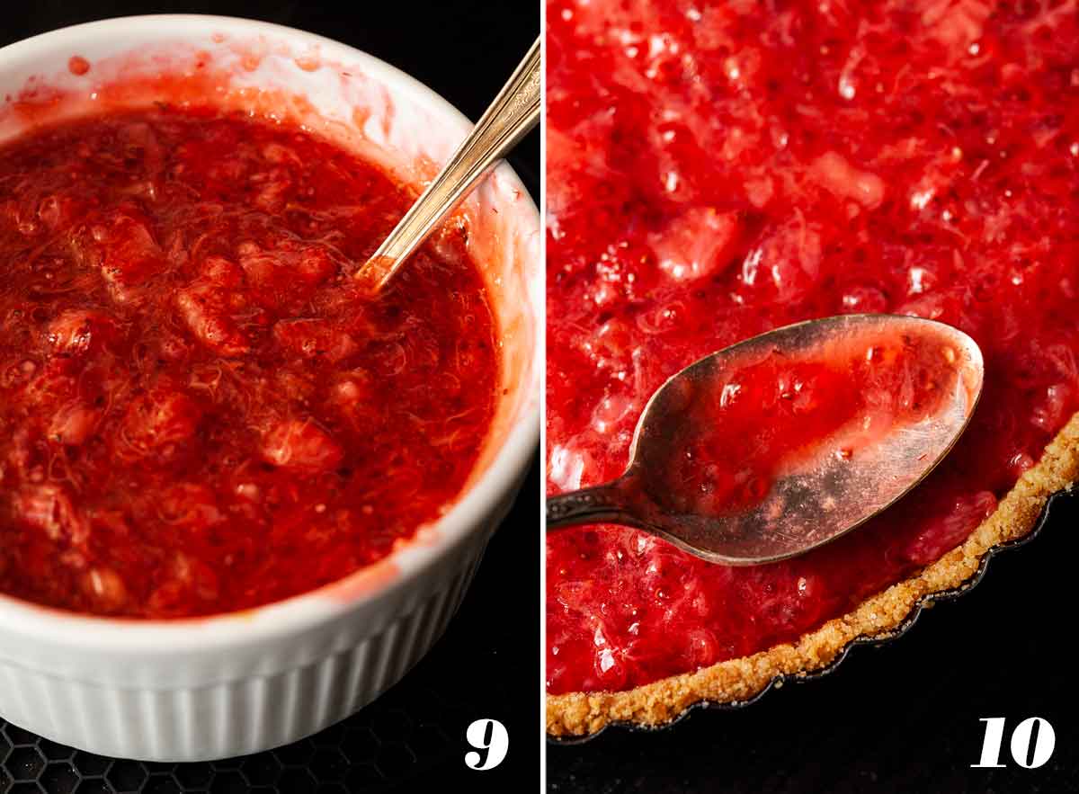 2 numbered images showing how to add strawberry rhubarb to a tart.