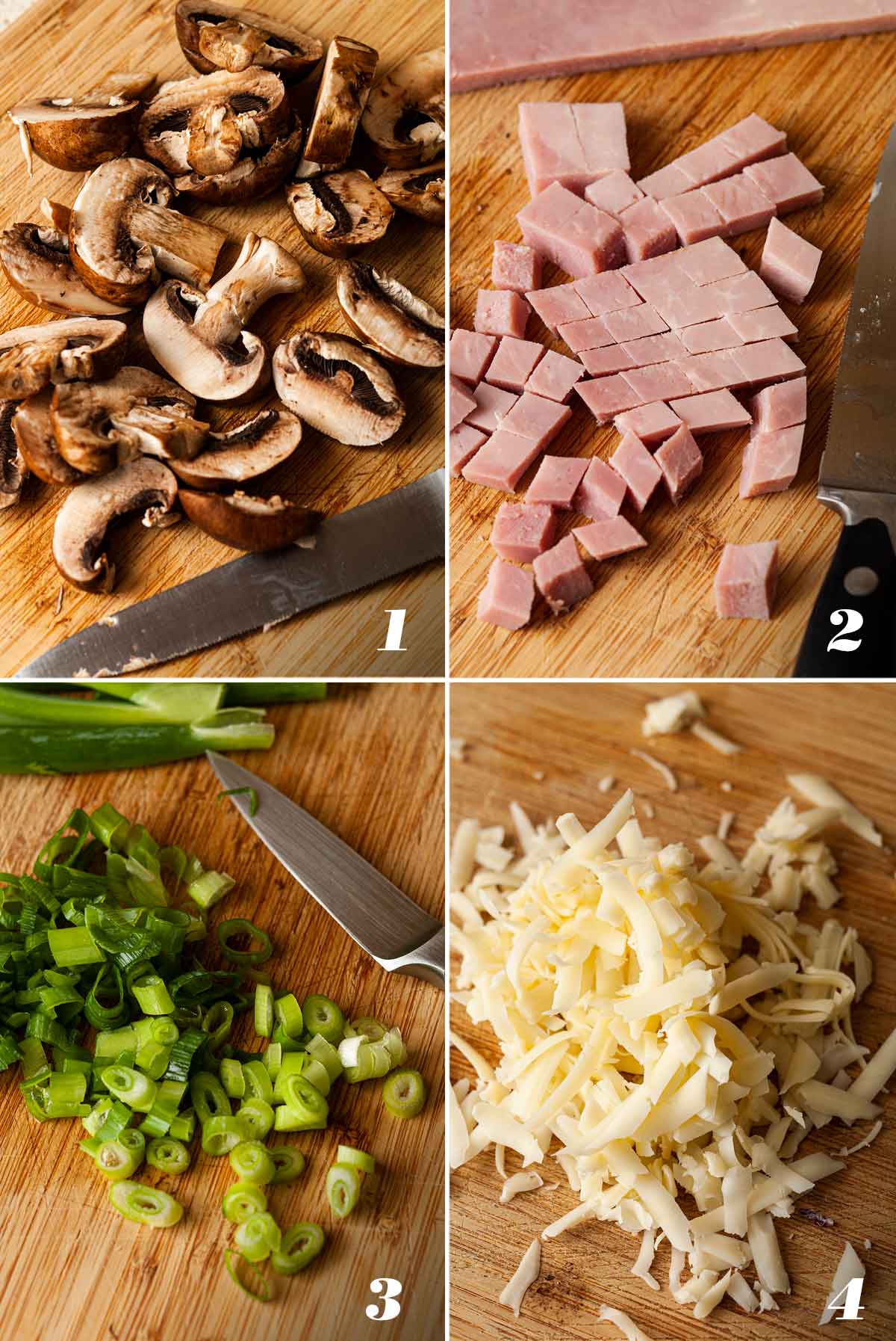 A collage of 4 numbered images showing how to prepare ingredients for ham and mushroom quiche.