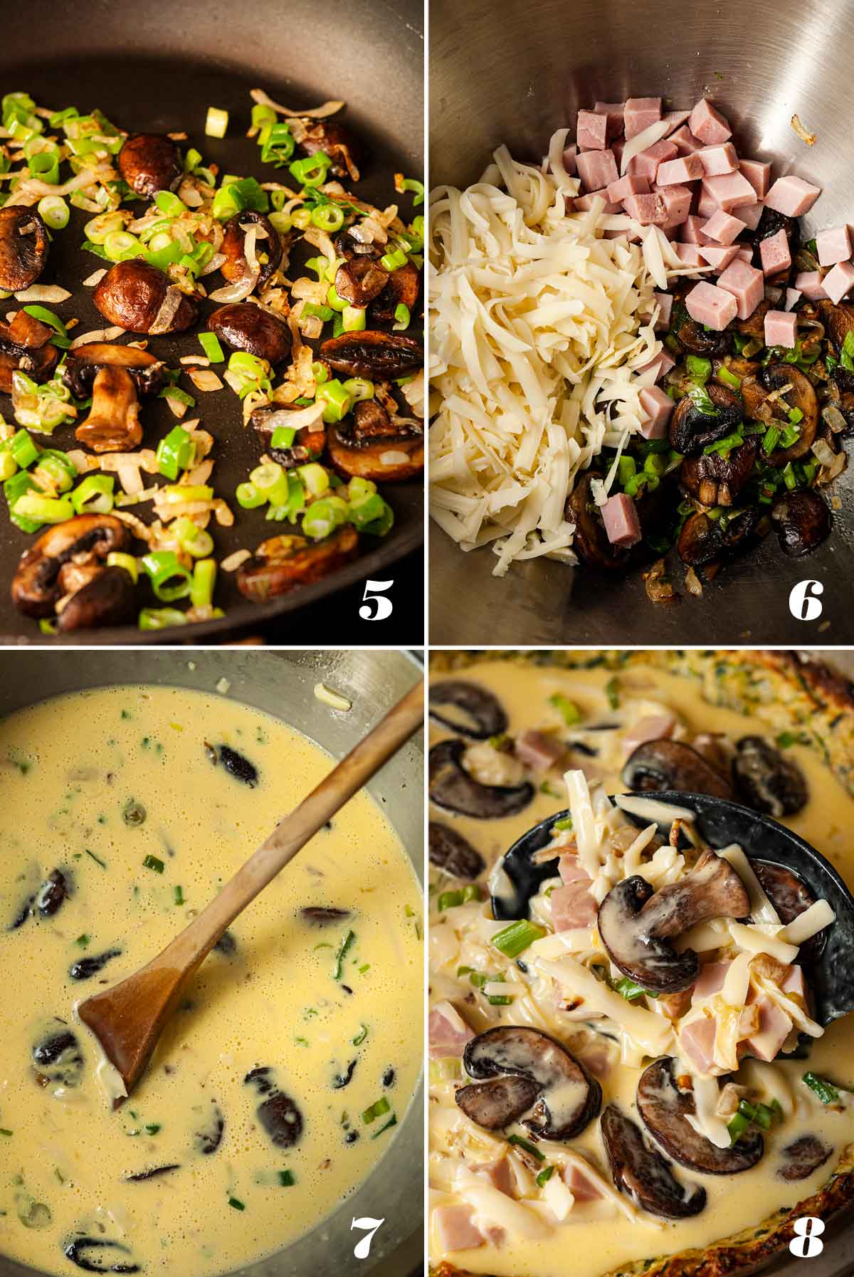 A collage of 4 numbered images showing how to cook and combine ingredients for ham and mushroom quiche.