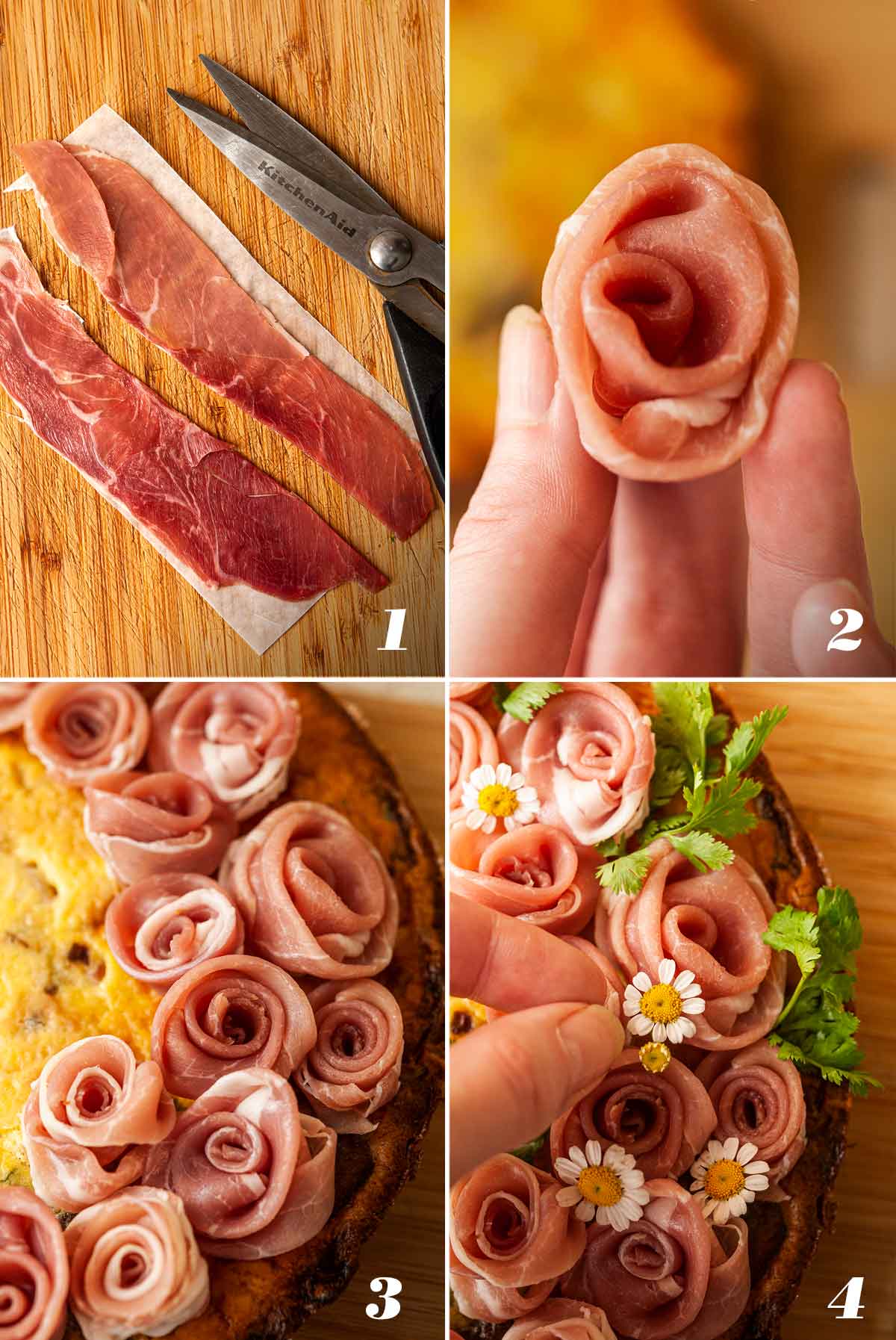 A collage of 4 numbered images showing how to make a prosciutto rose wreath.