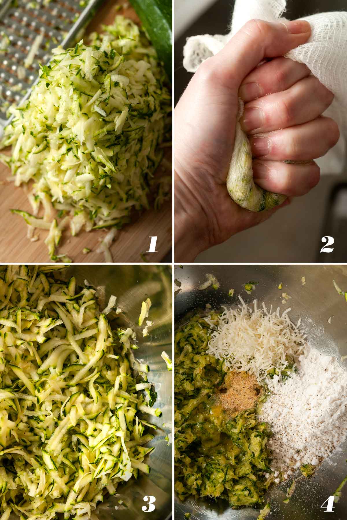 A collage of 4 numbered images showing how to make zucchini crust.