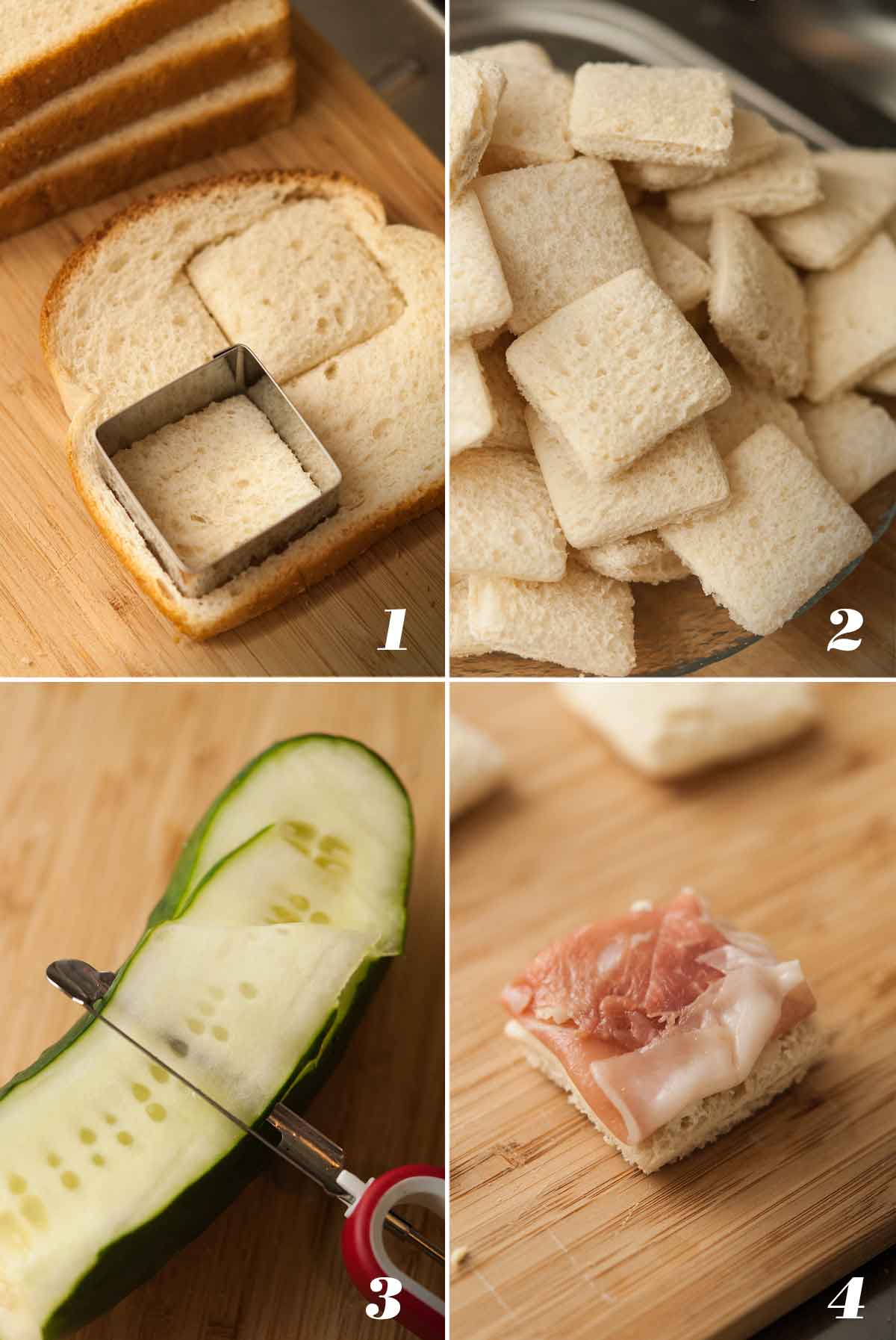 A collage of 4 numbered images showing how to make cucumber sandwiches.