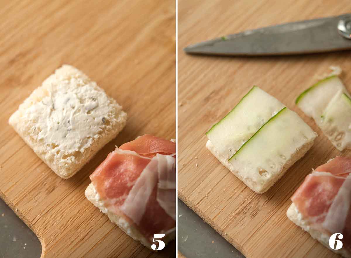 2 numbered images showing how to add cucumber to sandwiches.