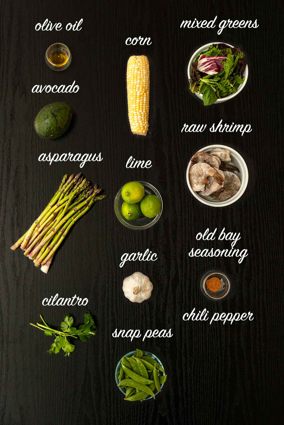 11 ingredients on a table with titles describing what they are.