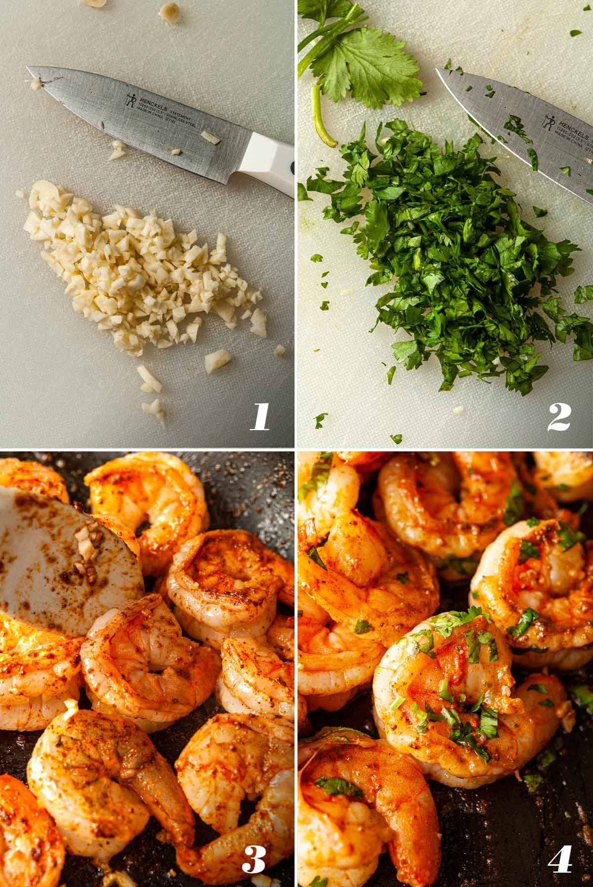 4 numbered images showing how to make cilantro lime shrimp.