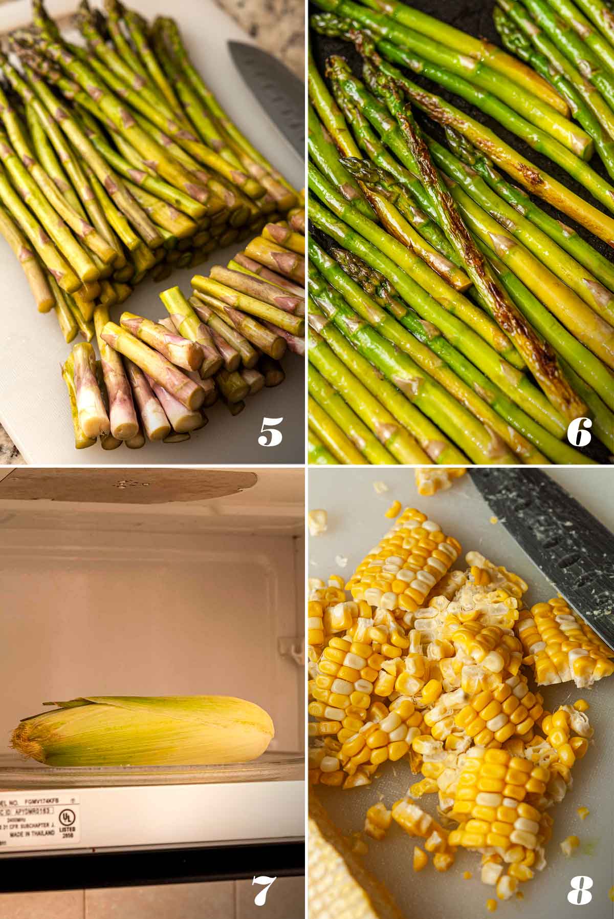 4 numbered images showing how to prep asparagus and corn.