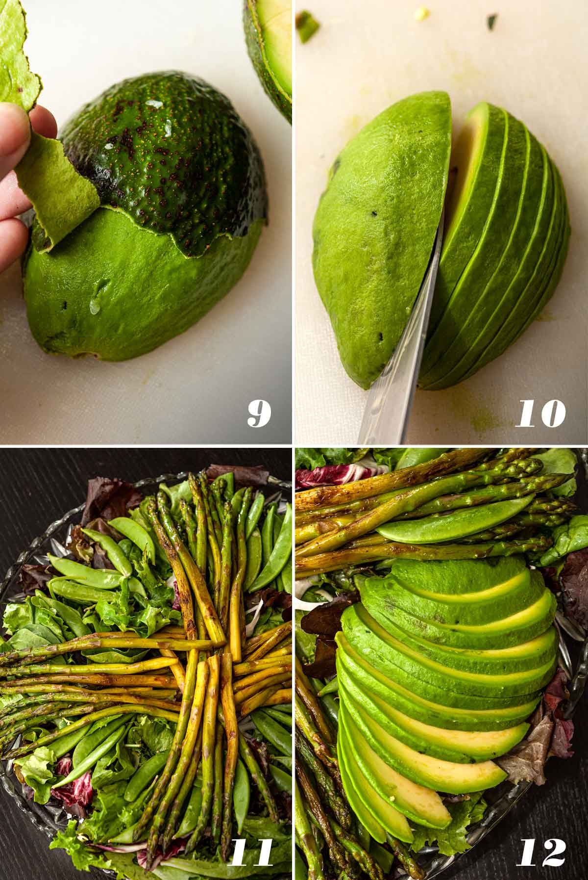 A collage of 4 numbered images showing how to slice avocado and assemble salad.