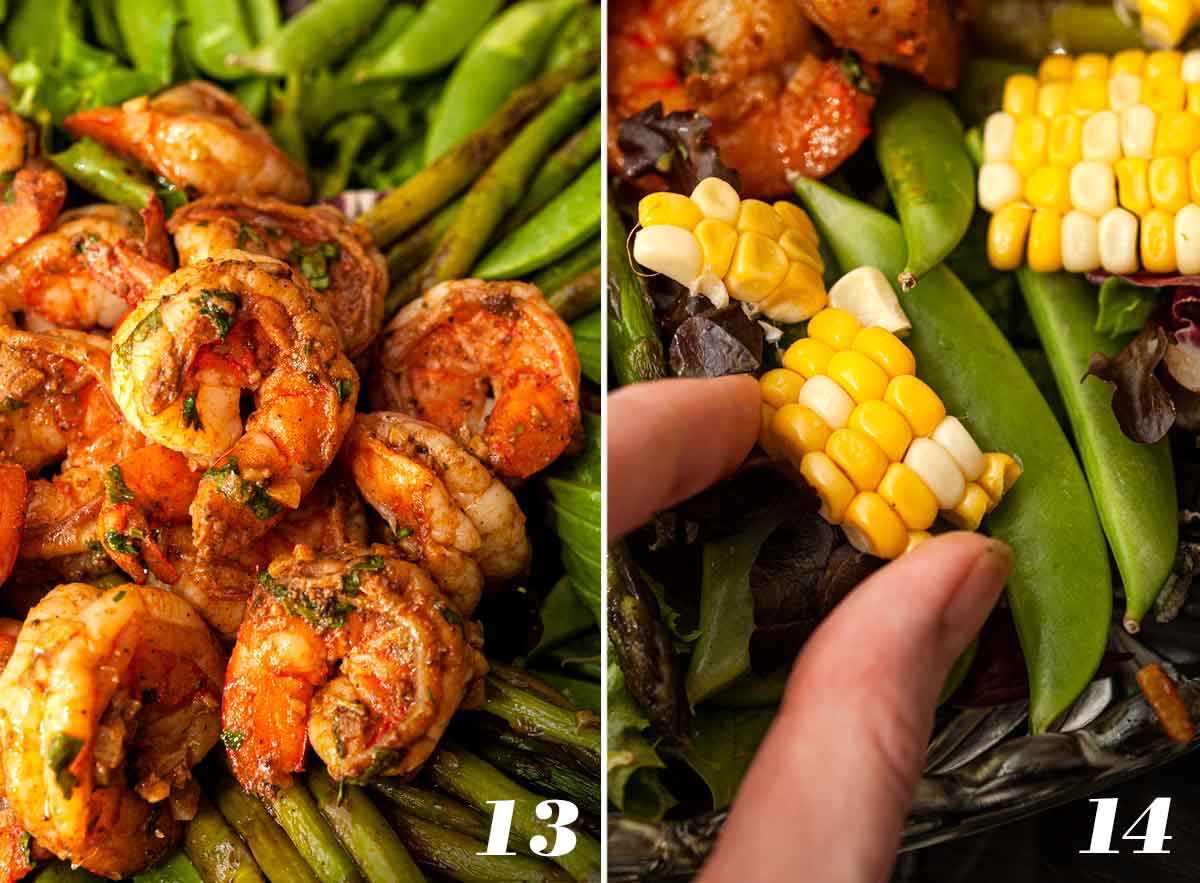 2 numbered images showing how to top salad with shrimp and corn.