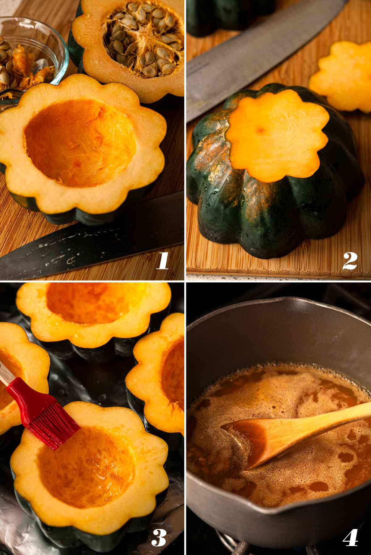 A collage of 4 numbered images showing how to prepare acorn squash and farro.