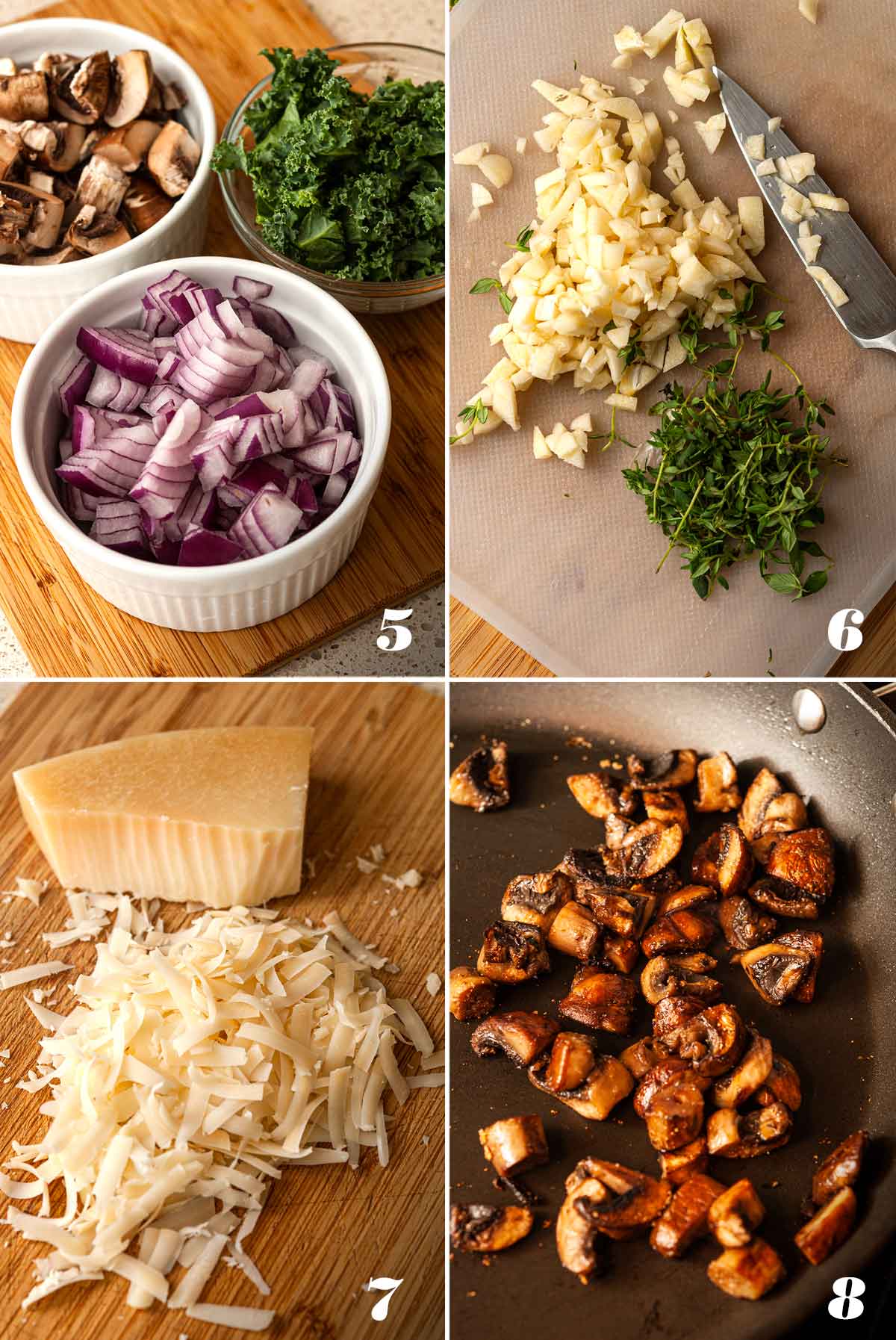 A collage of 4 numbered images showing how to prep vegetables and cheese.