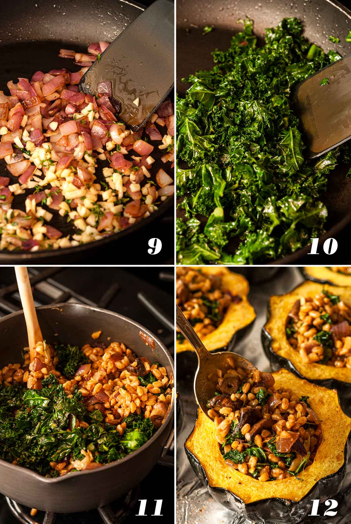 A collage of 4 numbered images showing how to make farro stuffing and stuff squash.